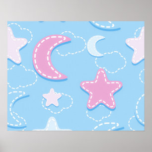 Cute and Adorable Pastel Moon Stars Clouds Poster