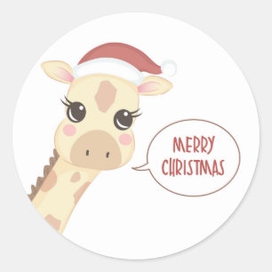 Cute and Adorable Santa Giraffe Merry Christmas Classic Round Sticker