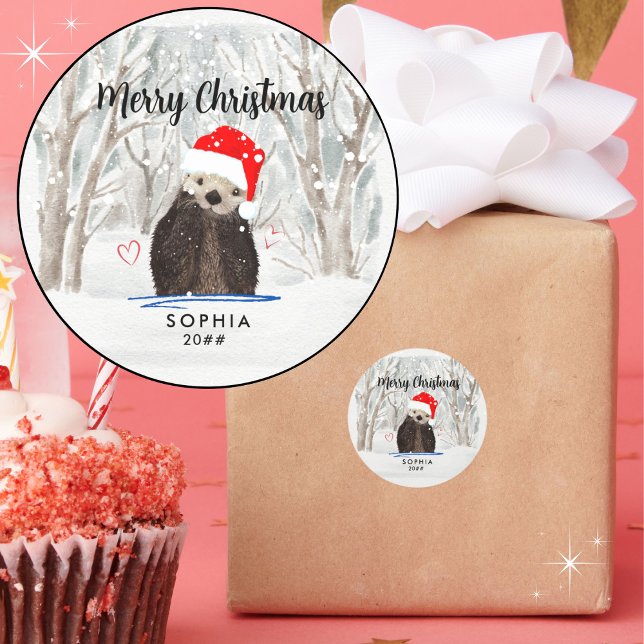 Cute and Adorable Santa Otter Kid's Name and Year Classic Round Sticker (Great for gifts, cards, envelopes, etc. )