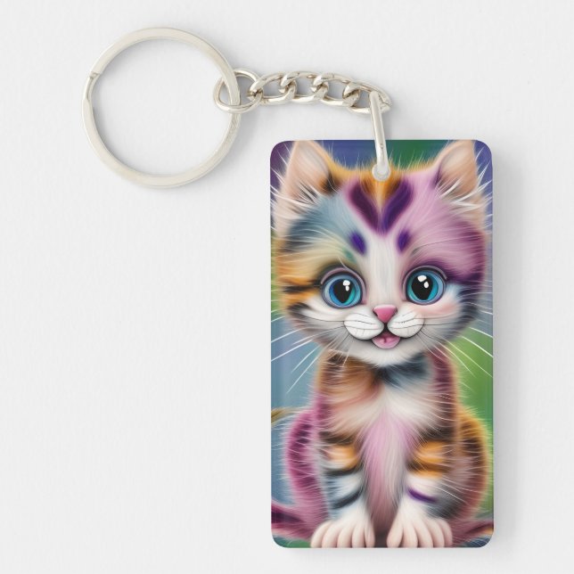 Cute and Adorable Smiling Striped Kitten  Key Ring (Front)