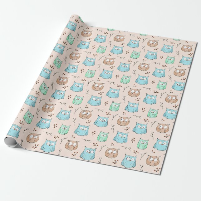 Cute and Adorable Tiny Owls Birds Pattern | Wrapping Paper (Unrolled)