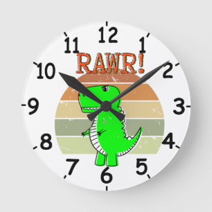 Cute And Angry Cartoon T-Rex Dinosaur Sunset Round Clock