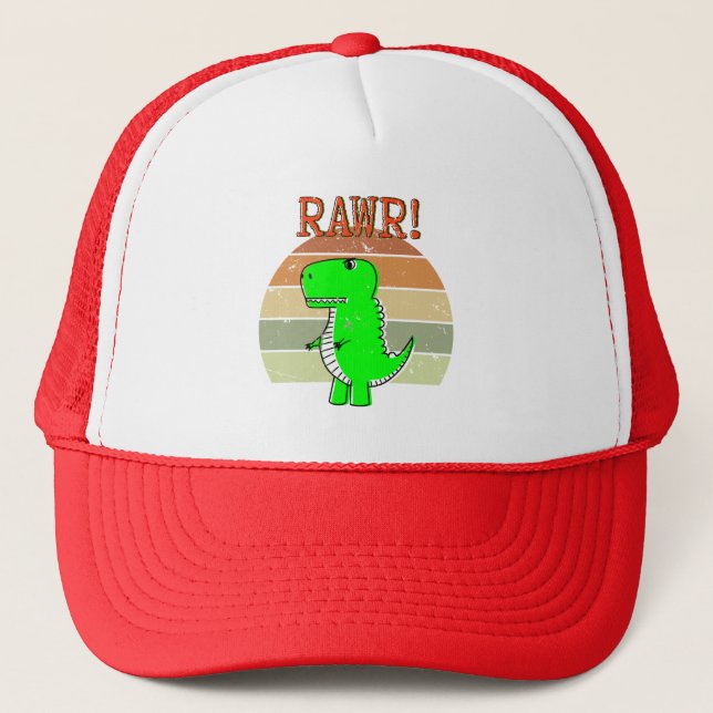 Cute And Angry Cartoon T-Rex Dinosaur Sunset Trucker Hat (Front)