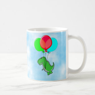 Cute And Angry Dino Flying With Party Balloons Coffee Mug