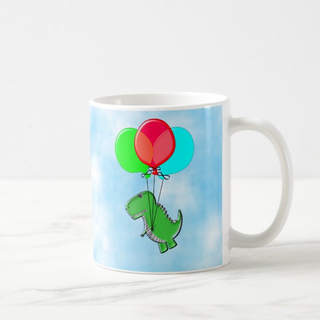 Cute And Angry Dino Flying With Party Balloons Coffee Mug (Right)