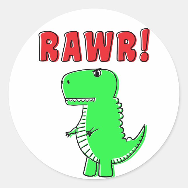 Cute And Angry Green Cartoon T-Rex Dinosaur Classic Round Sticker (Front)