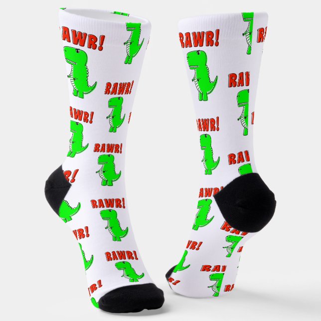 Cute And Angry Green Cartoon T-Rex Dinosaur Socks (Angled)