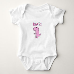 Cute And Angry Pink Cartoon T-Rex Dinosaur Baby Bodysuit