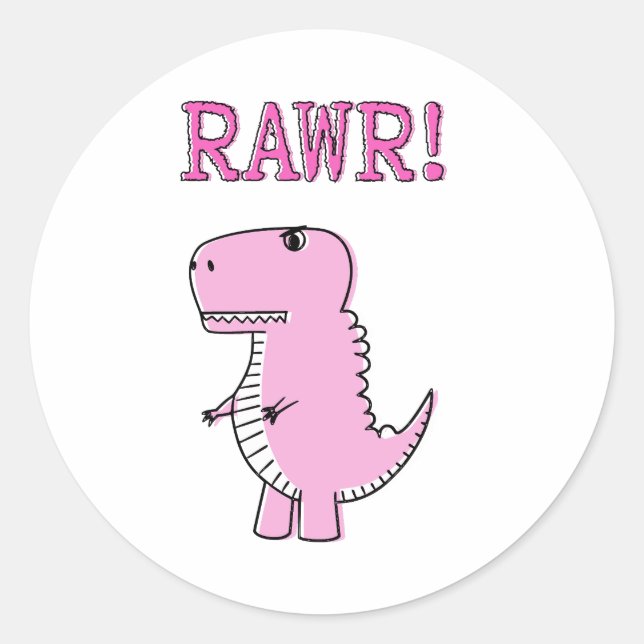 Cute And Angry Pink Cartoon T-Rex Dinosaur Classic Round Sticker (Front)
