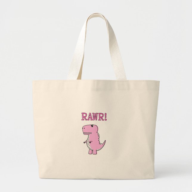 Cute And Angry Pink Cartoon T-Rex Dinosaur Large Tote Bag (Front)