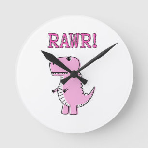 Cute And Angry Pink Cartoon T-Rex Dinosaur Round Clock