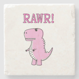 Cute And Angry Pink Cartoon T-Rex Dinosaur Stone Coaster