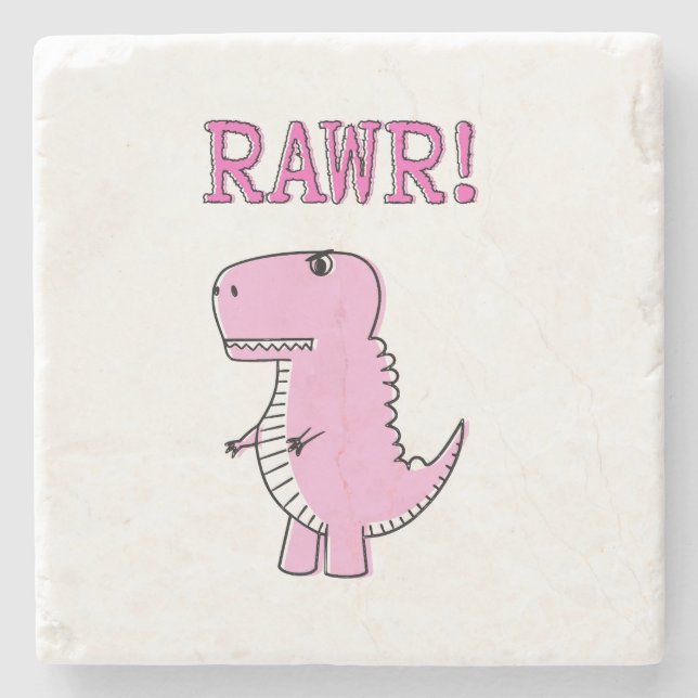 Cute And Angry Pink Cartoon T-Rex Dinosaur Stone Coaster (Front)