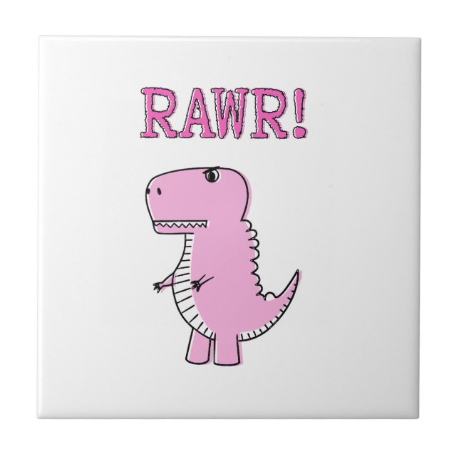 Cute And Angry Pink Cartoon T-Rex Dinosaur Tile (Front)