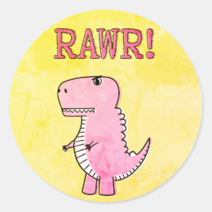 Cute And Angry Pink Cartoon T-Rex Old Paper Classic Round Sticker