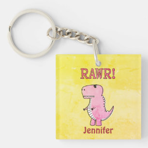 Cute And Angry Pink Cartoon T-Rex Old Paper Key Ring