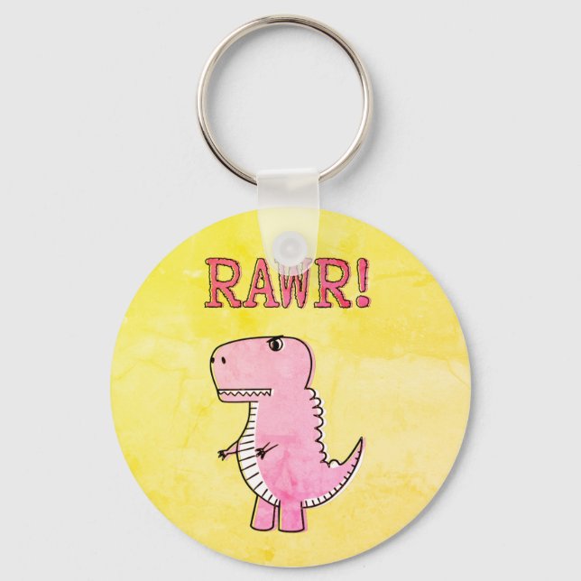 Cute And Angry Pink Cartoon T-Rex Old Paper Key Ring (Front)