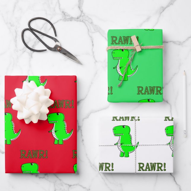 Cute and Angry T-Rex Dino RAWR Wrapping Paper Shee (Front)