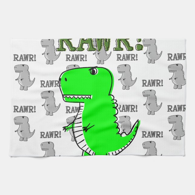 Cute and Angry T-Rex With Black And White Pattern Tea Towel (Horizontal)