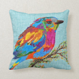 Cute and Colorful Bird on a Branch Throw Pillow