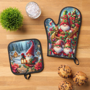 Cute and Colorful Elves Oven Mitt & Pot Holder Set