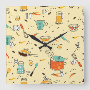 Cute and Colorful Kitchen Utensils Square Wall Clock