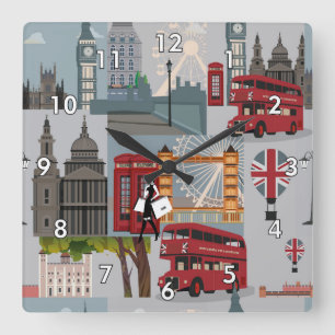 Cute and Colorful London Cartoon Drawing Square Wall Clock