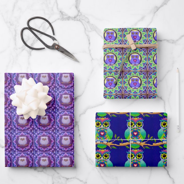cute and colorful owl wrapping paper set (Front)
