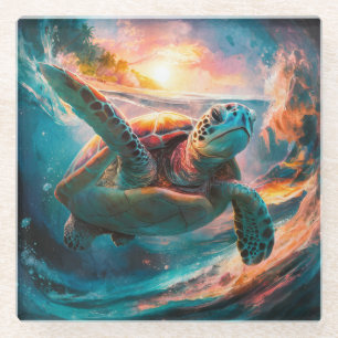 Cute and Colorful Sea Turtle Glass Coaster