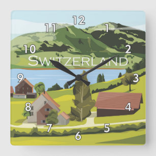 Cute and Colorful Switzerland Cartoon Drawing Square Wall Clock