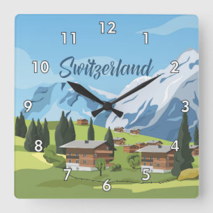 Cute and Colorful Switzerland Cartoon Drawing Square Wall Clock