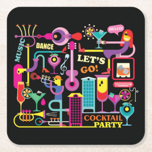 Cute and Colourful Abstract Dance Party Let's Go Square Paper Coaster