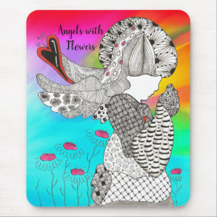 Cute and Colourful Angel with Flowers Mouse Pad