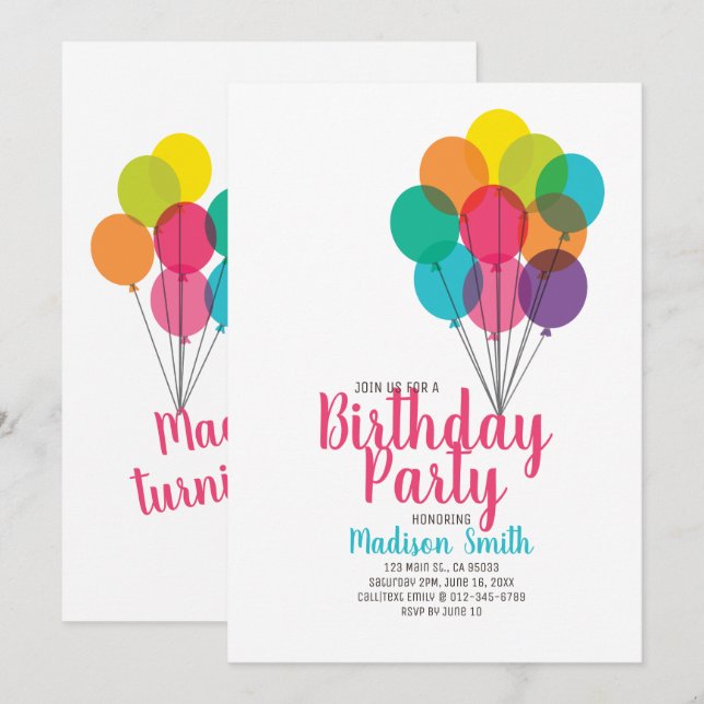 Cute and Colourful Balloons Birthday Invitation (Front/Back)