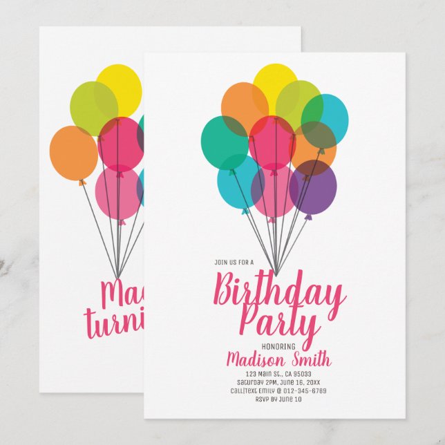 Cute and Colourful Balloons Birthday Invitation (Front/Back)