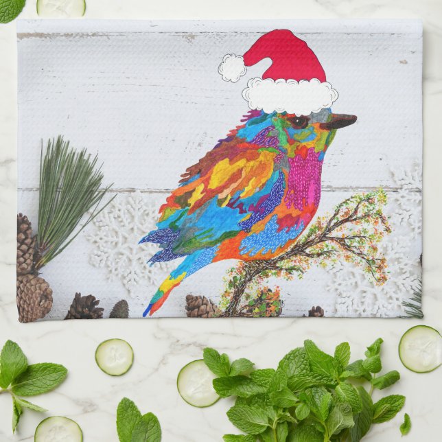 Cute and Colourful Bird on a Branch Kitchen Towel (Folded)
