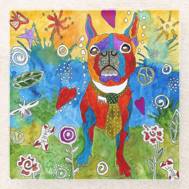 Cute and Colourful Boston Terrier Glass Coaster (Front)