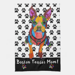 Cute and Colourful Boston Terrier Mum Kitchen Tea Towel