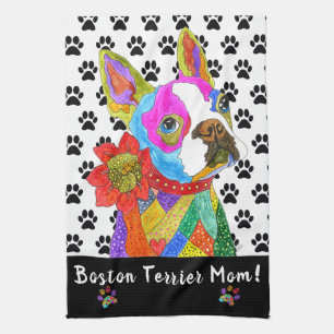 Cute and Colourful Boston Terrier Mum Kitchen Towe Tea Towel