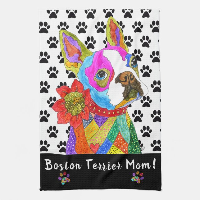 Cute and Colourful Boston Terrier Mum Kitchen Towe Tea Towel (Vertical)