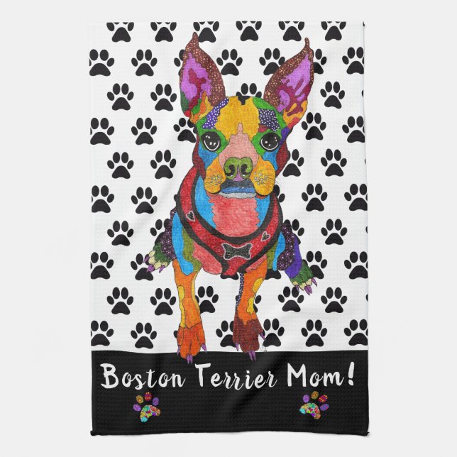 Cute and Colourful Boston Terrier Mum Kitchen Towe Tea Towel (Vertical)