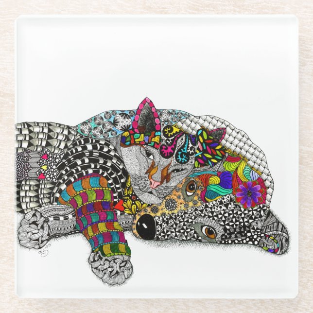 Cute and Colourful Cat and Dog Glass Coaster (Front)