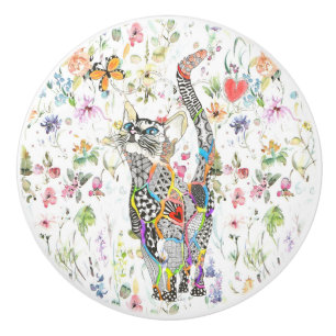 Cute and Colourful Cat Floral Ceramic Knob