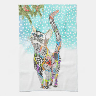 Cute and Colourful Cat in the Snow Kitchen Towel