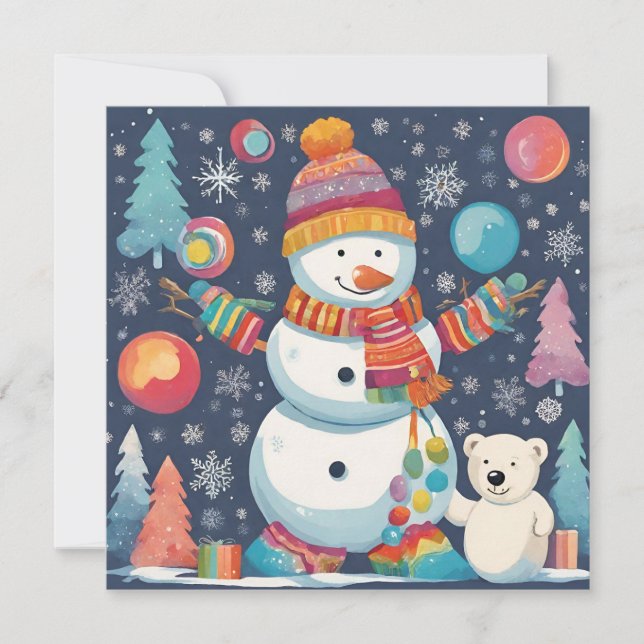 Cute and Colourful Christmas Snowman  Holiday Card (Front)
