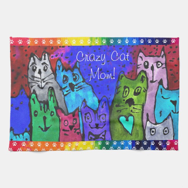Cute and Colourful Crazy Cat Mum Kitchen Towel (Horizontal)