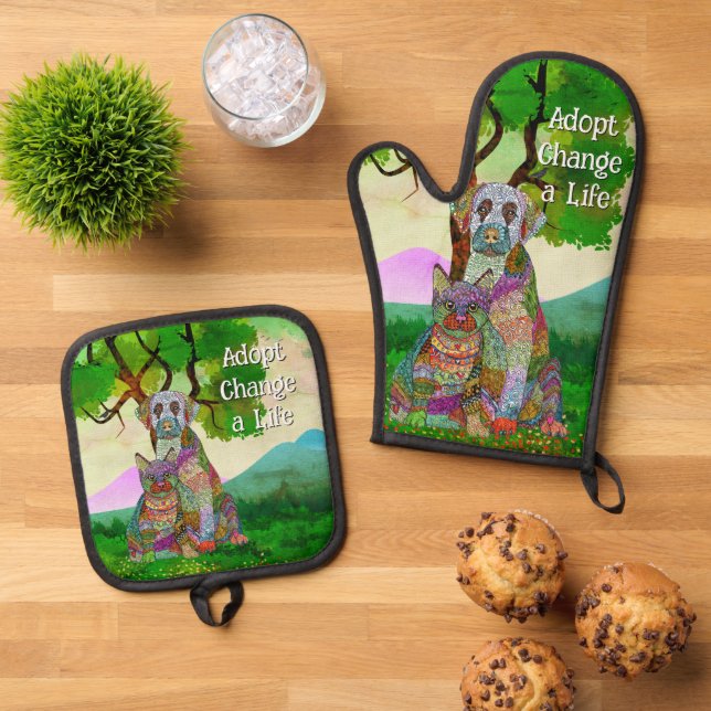 Cute and Colourful Dog and Cat Adoption Oven Mitt & Pot Holder Set (Top Down)