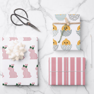 Cute and colourful Easter bunny and chick Striped Wrapping Paper Sheet