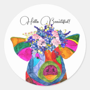 Cute and Colourful Floral Pig Round Stickers