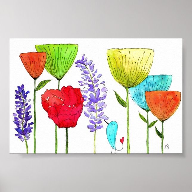 Cute and Colourful Flowers and a Bird Poster 4"x6" (Front)
